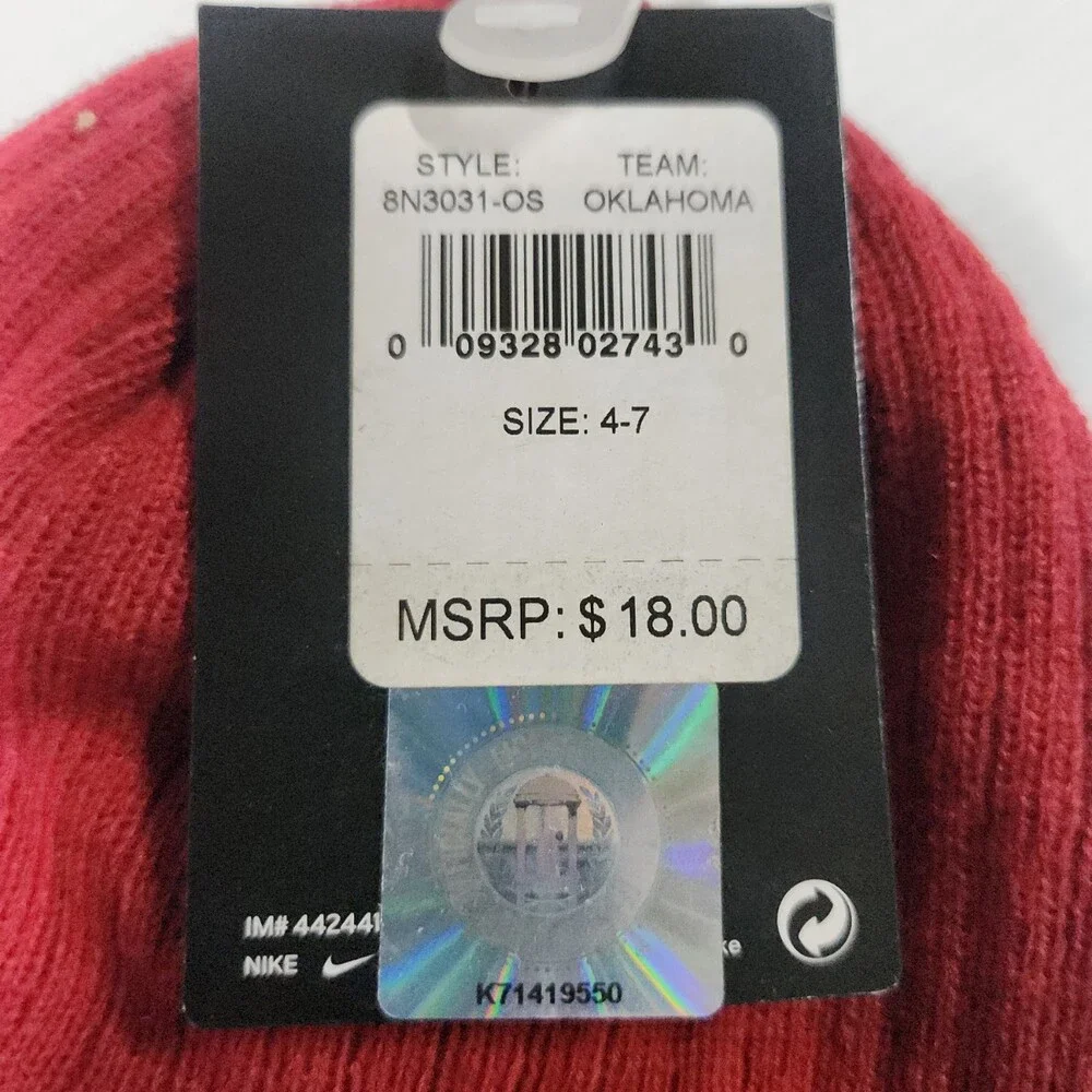 Nike Oklahoma Sooners Reversible Knit Beanie Hat Red Black Youth Size 4-7 New